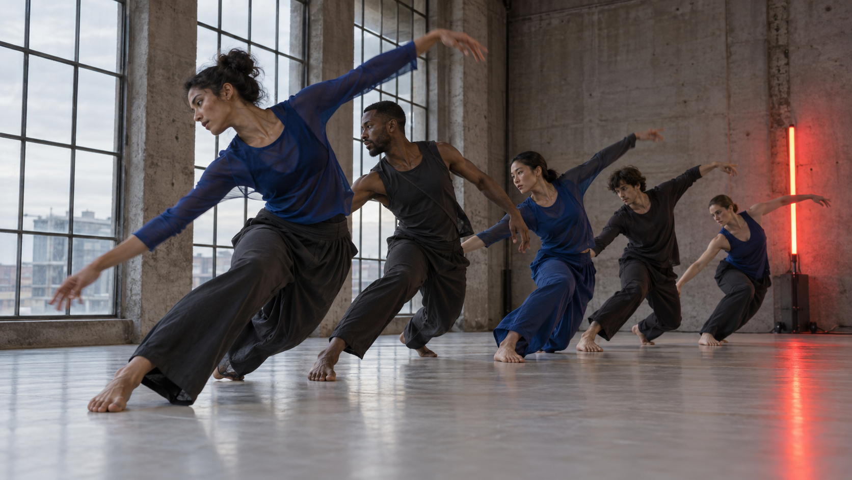 Five dancers rehearse in a concrete studio