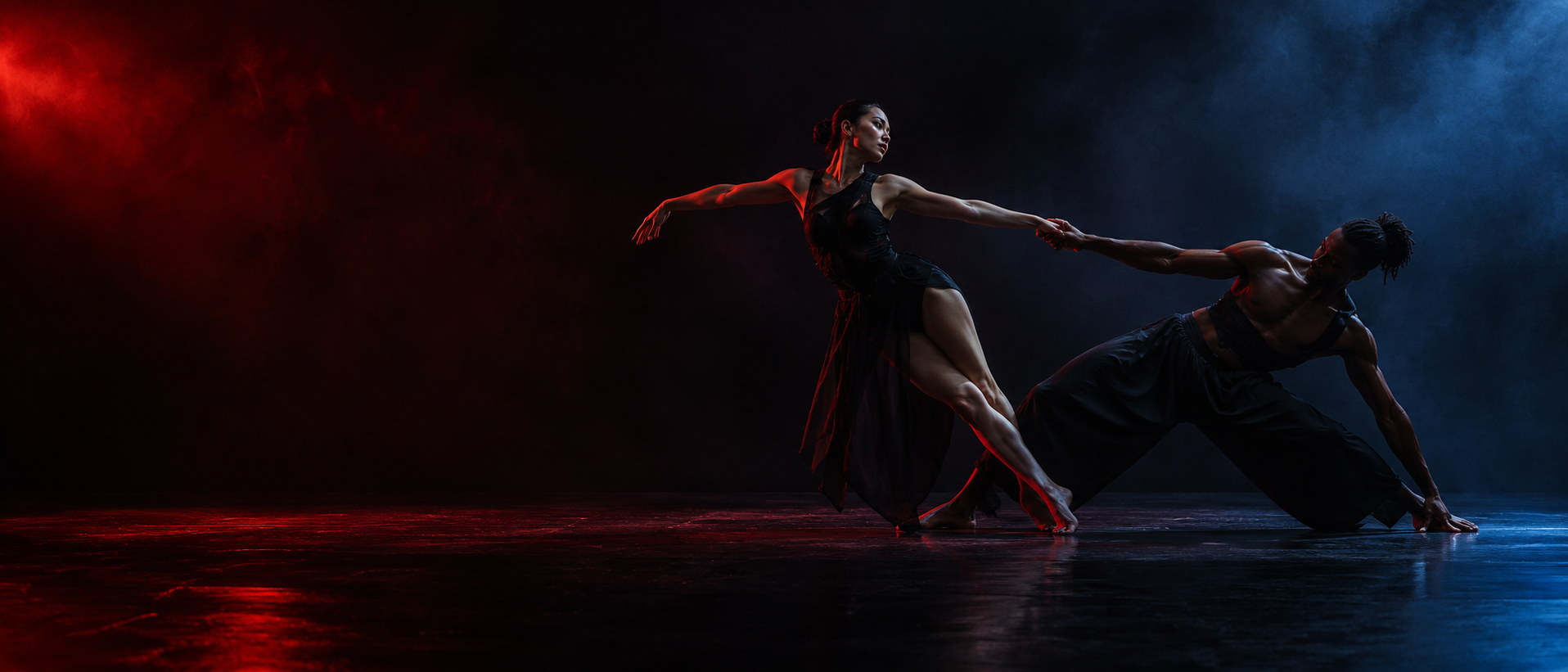 Two contemporary dancers hold a sculptural counterbalance on a dark stage